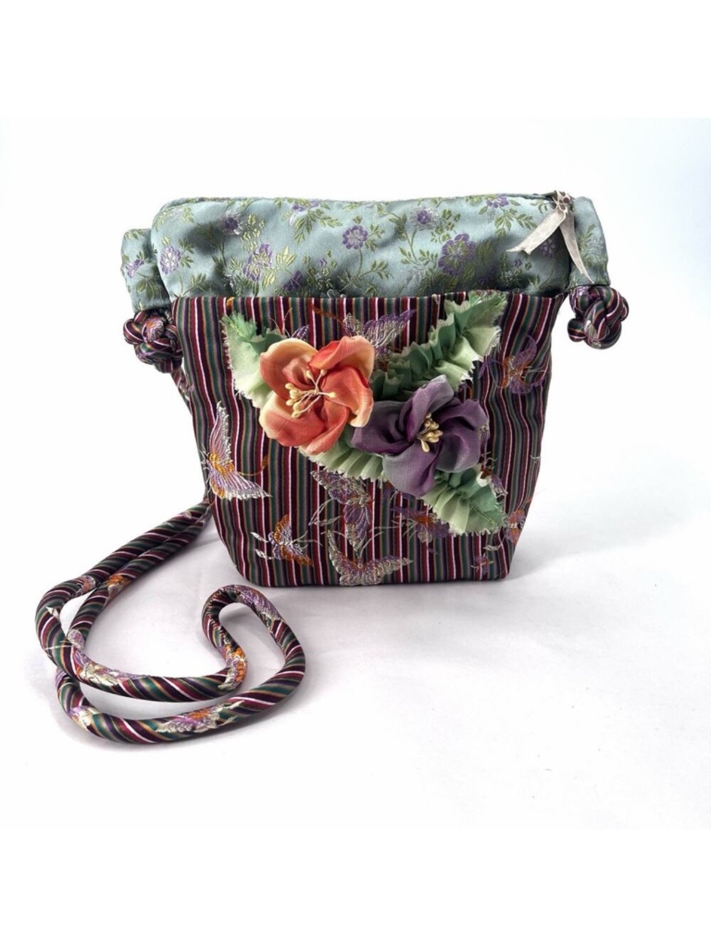 Vintage Boho Festival Floral Embellished Colorful Silk & Velvet Crossbody Bag